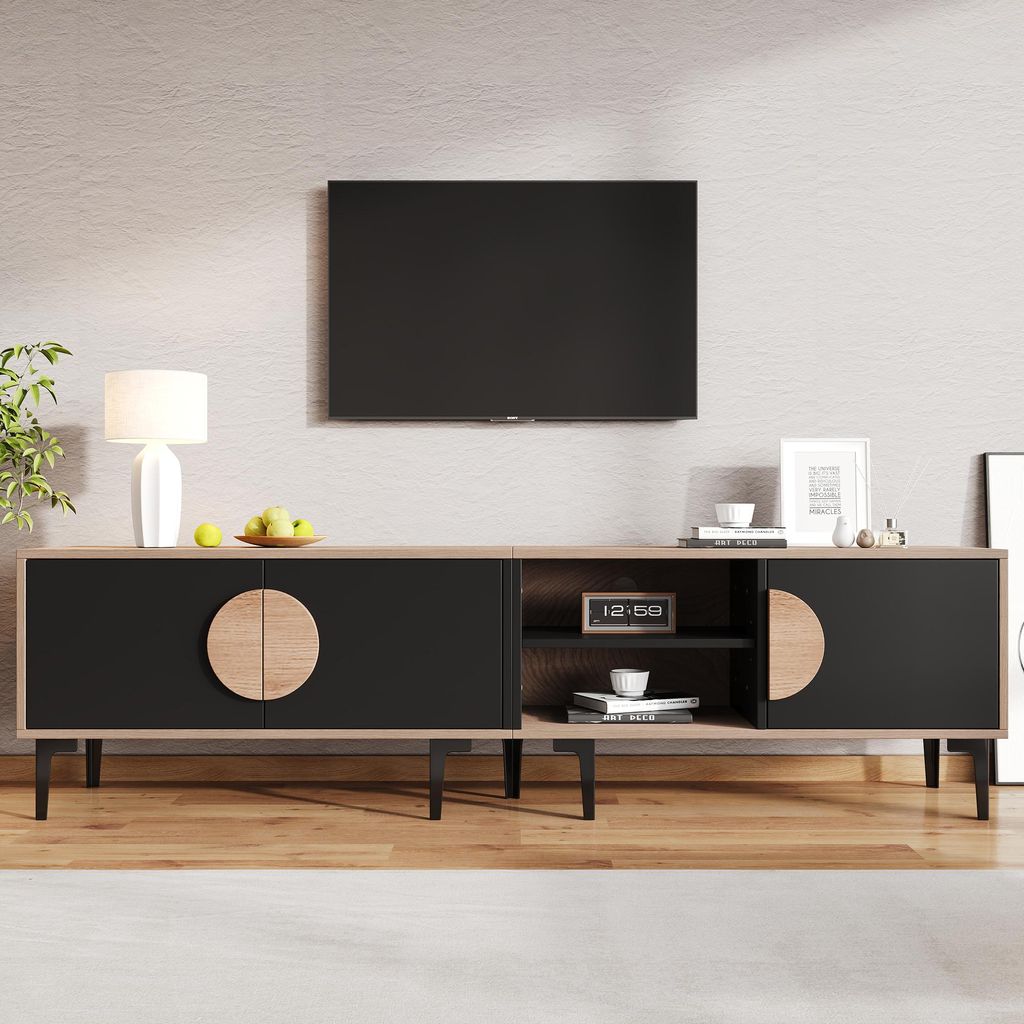 180*35*49cm lowboard Fernsehschrank, TV-Ständer für das Wohnzimmer,TV-Schrank mit 2 Schränke, TV-Board mit offene Ablagefächer, Holzfarbe + Sch...