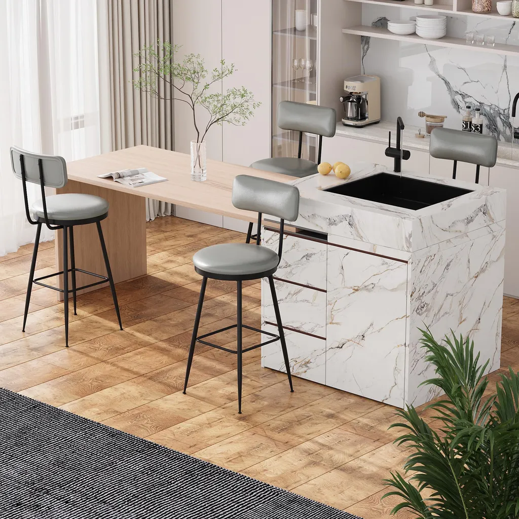 Set di 4 sedie da bar in Pelle finta grigia, dal design moderno e minimalista con schienale ergonomico, robusta struttura in metallo e seduta confortevole