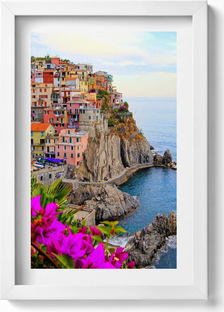 Blumen und Küste der Cinque Terre Italien– Wandbild mit Rahmen – Gerahmtes Bild – Wanddekoration – 20x30 cm – Weiß