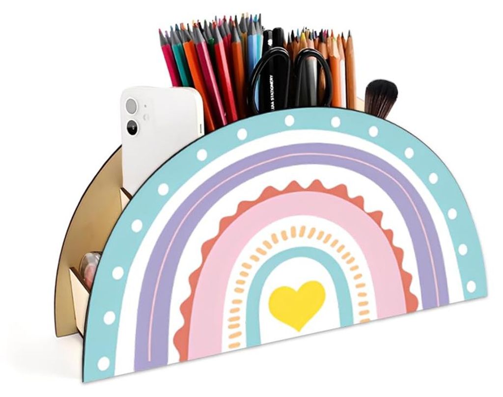 Regenbogenfarbener Stiftehalter aus Holz für Kinderschreibtische