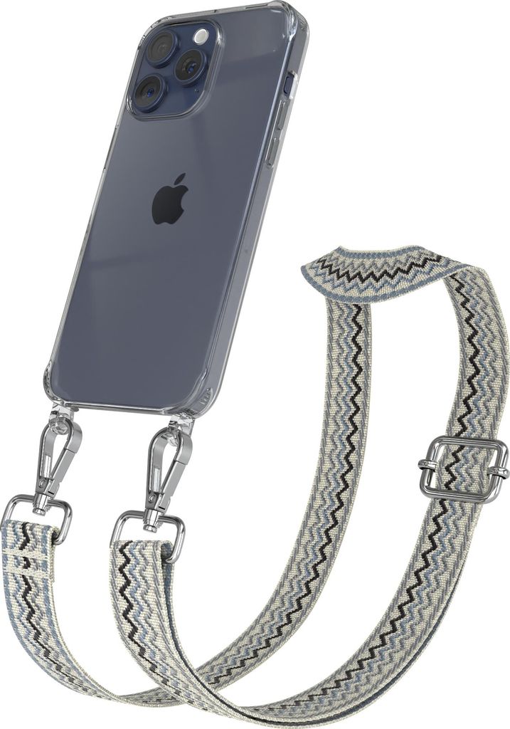Apple iPhone 15 Pro Max Chain Eyelets Slim Neck Strap Set Wave Style 07 Beige/Blue 03 Metall Silver