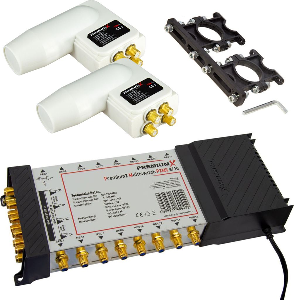PremiumX Multischalter Set 9/16 Multiswitch SAT 2x Quattro LNB Multifeedhalter