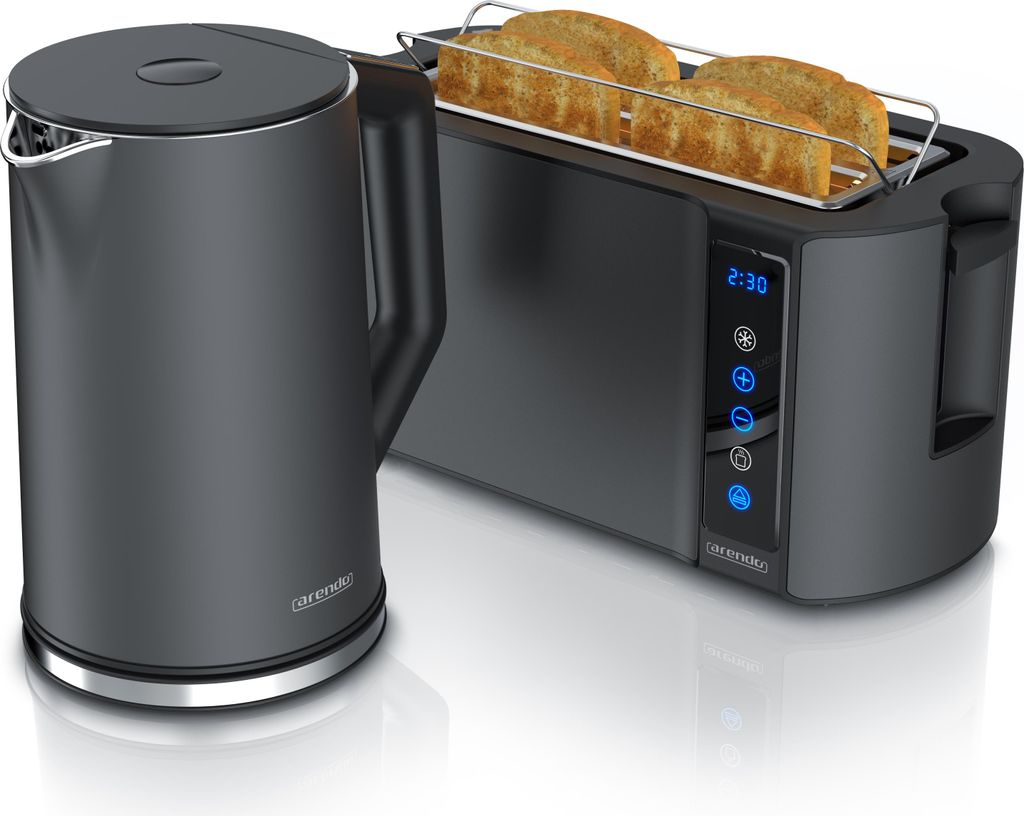 Arendo Frühstücks-Set Edelstahl, Wasserkocher mit Temperatureinstellung 1,5l, 4 Scheiben Langschlitztoaster, 4 Scheiben Toaster, Brötchenaufsatz...
