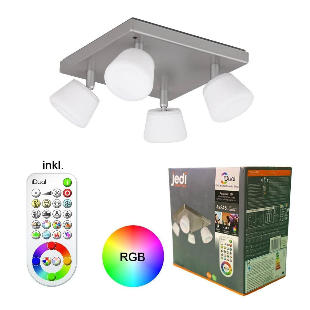 A product shot of a ceiling light fixture, a remote control, and a color wheel, along with the product's packaging.