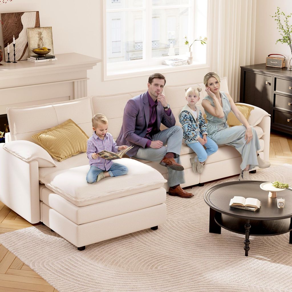 FLEXISPOT 4-Sitzer Sofa Sofabed L-förmiges Ecksofa mit Hocker, Stauraum, Modulares Sofa platzsparend für Wohnzimmer Weiß