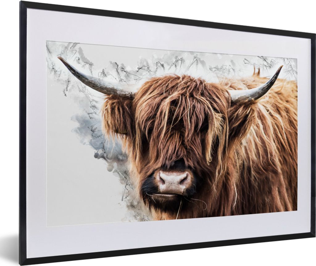 MuchoWow Gerahmtes Poster Schottischer Highlander - Tiere - Rauch 60x40 cm - Poster mit Schwarzem Bilderrahmen Wandposter Rahmen Foto Bilder - Sc...