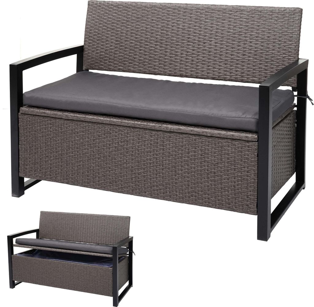 Poly-Rattan 2er Sitzbank MCW-F39, Gartenbank Truhenbank, Staufach Aufbewahrung Sitzkissen grau-meliert, Kissen grau