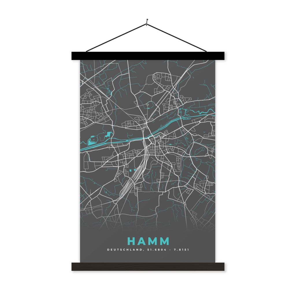 MuchoWow Textilposter Stadtplan - Deutschland - Blau - Hamm - Karte 40x60 cm mit schwarzem Rahmen - Wanddekorationen