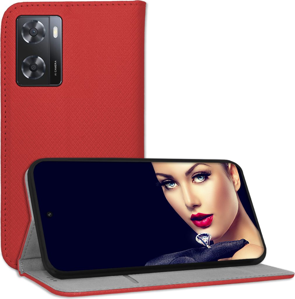 Bookstyle Schutzhülle Klapphülle Schutztasche Etui Cover für Oppo A57 4G (CPH2387), Oppo A57s (CPH2385, 6.56'') - Rot