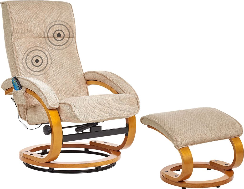 BELIANI Massagesessel Beige Stoffbezug mit Fußhocker Heizfunktion Liegeoption Timer Drehbar Holzbeine Büro Arbeitszimmer Drehsessel Fernsehsessel