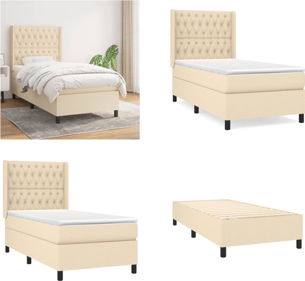 vidaXL Boxspringbett mit Matratze Creme 90x200 cm Stoff - Boxspringbett - Boxspringbetten - Bett - Schlafzimmermöbel