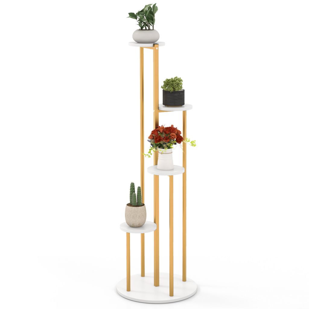 A multi-tiered plant stand with several potted plants on a white background.