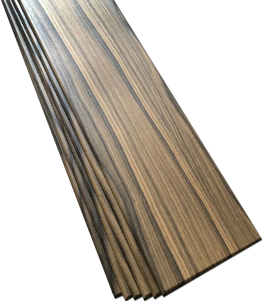 A stack of wooden planks with a dark and light striped grain pattern, arranged diagonally against a white background.