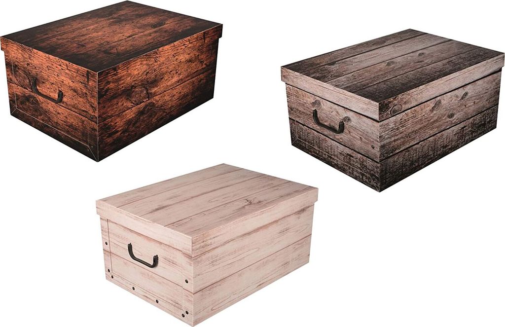 Set: 3 x XXL Deko Kartons in tollen Holz Dekoren (Dukelbraun, Weiß und Grau) - Maße: ca. 51 x 37 x 24 cm