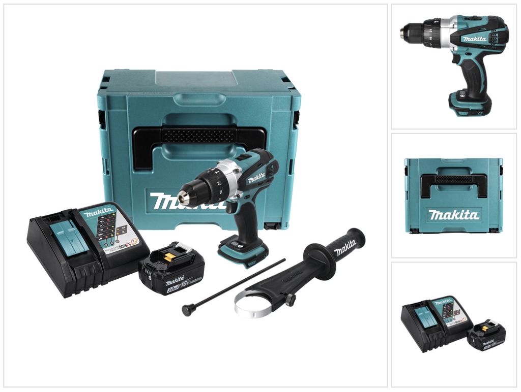 A collage of images showing a Makita cordless impact drill and its accessories, including batteries, a charger, and a storage case.