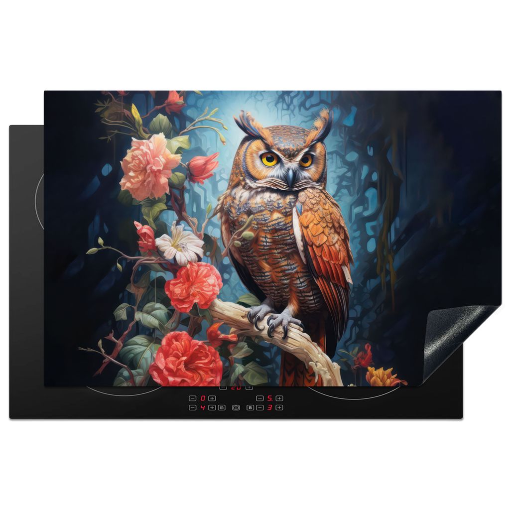 KitchenYeah Herdabdeckplatte Eule - Blumen - Vögel - Rosa , 81x52cm, Küche Deko, Glaskeramikkochfeld Herdabdeckung, Abdeckplatte fùr Kochfeld