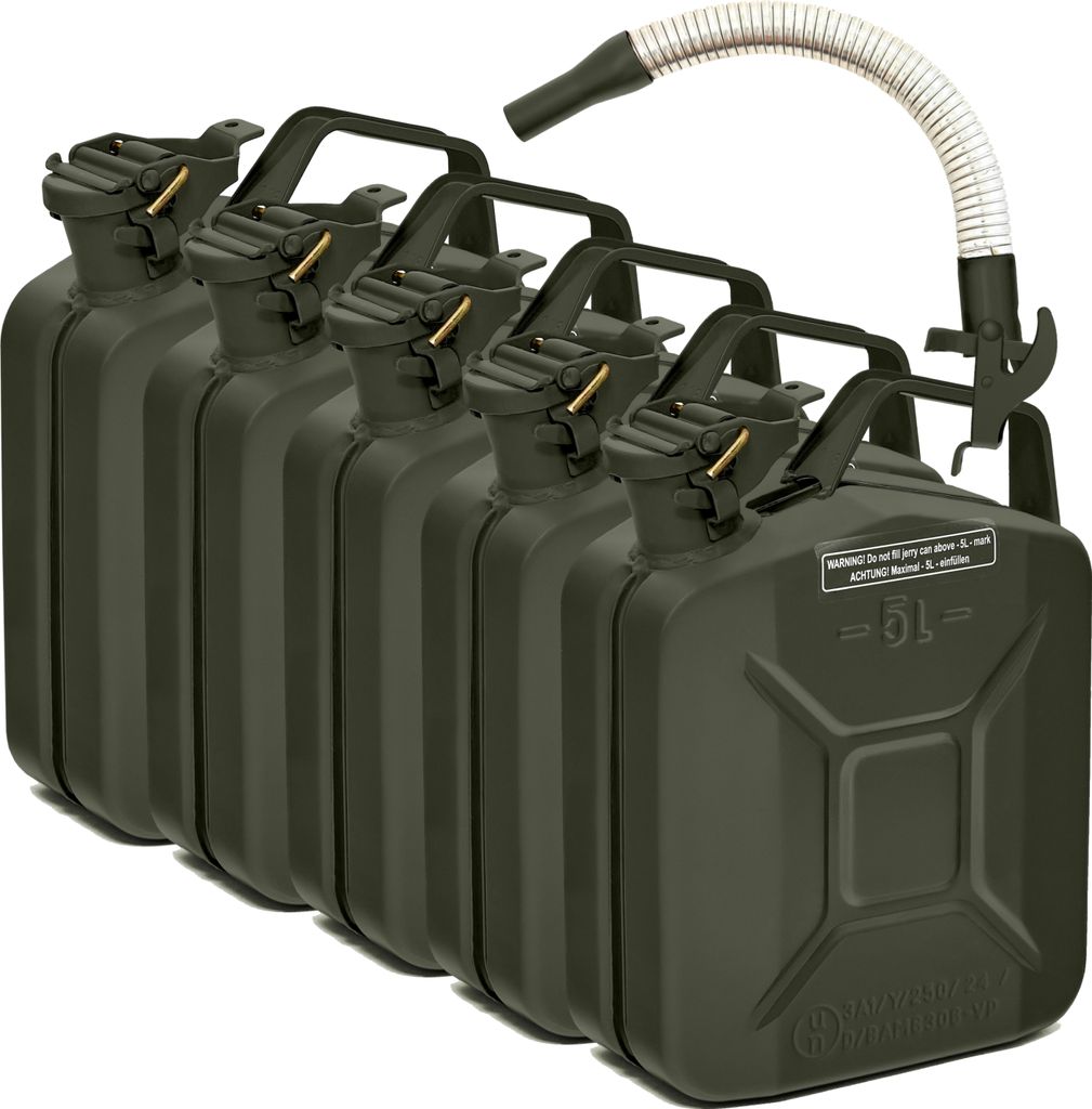 BW Kraftstoffkanister Metall Benzinkanister 5x 5 Liter mit Ausgießer - Bronzegrün RAL 6031-F9 - UN-Zulassung - Hergestellt in Europa