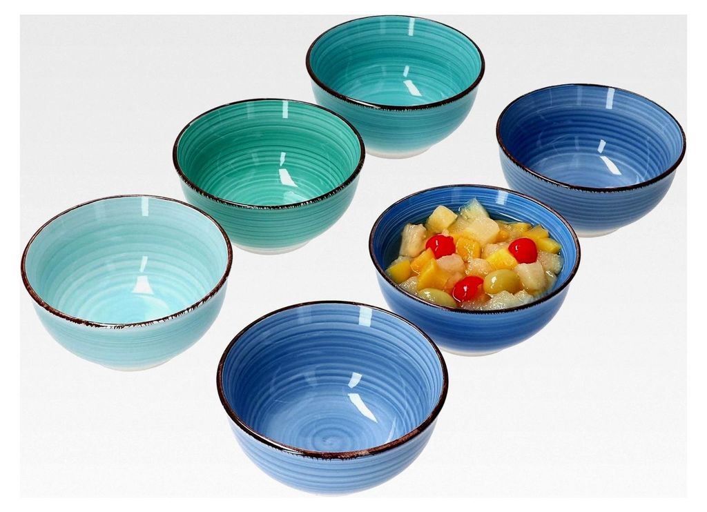 Snack-Schälchen Set 6-teilig I Dip-Schälchen Ø 12 cm I kleine Bowl 200 ml I Steingut-Set in 6 verschiedenen Blautönen I Dessert-Schüssel I Dip...