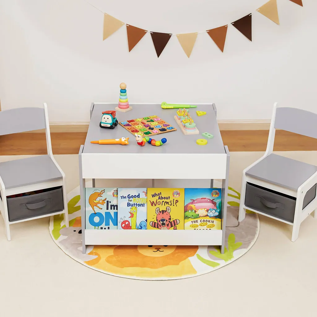 Table Enfant avec Tableau Noir et 2 Chaises Grises à Grand Rangement