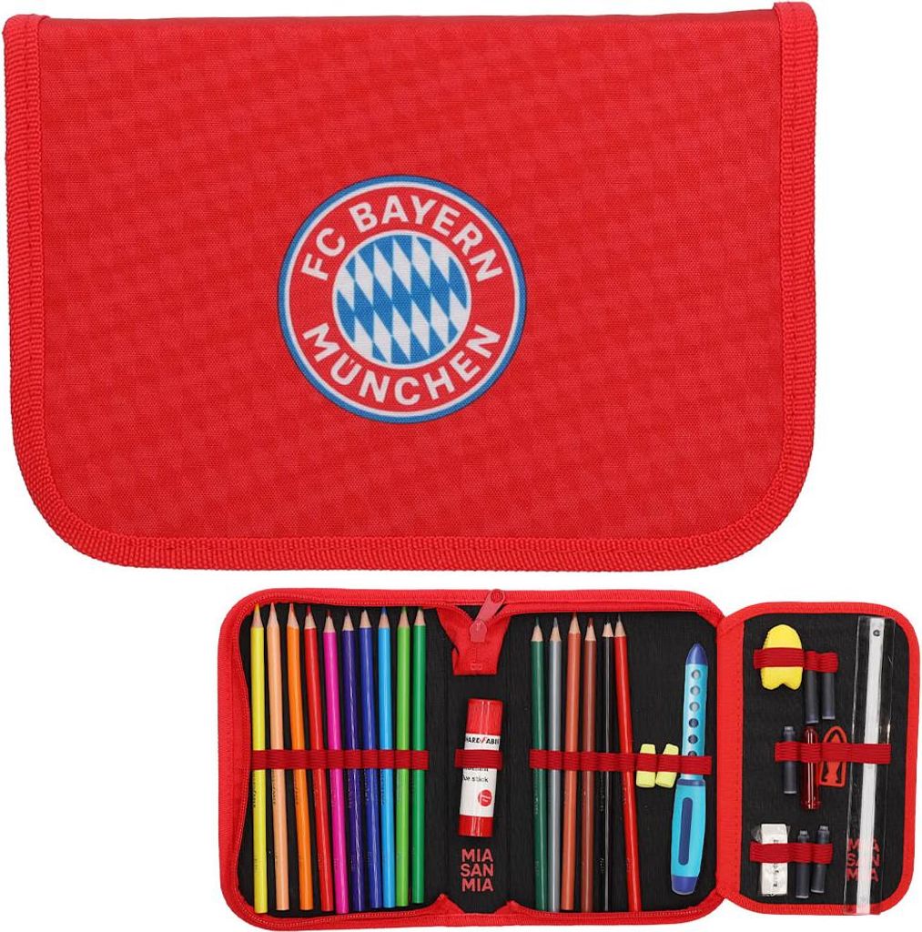 A red FC Bayern München pencil case is shown open, revealing its contents.