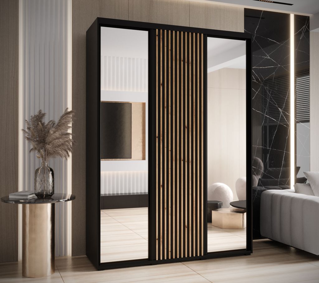 Kleiderschrank BAYLIN 2 – 170/60 cm, schwarz/schwarz/Eiche handwerklich