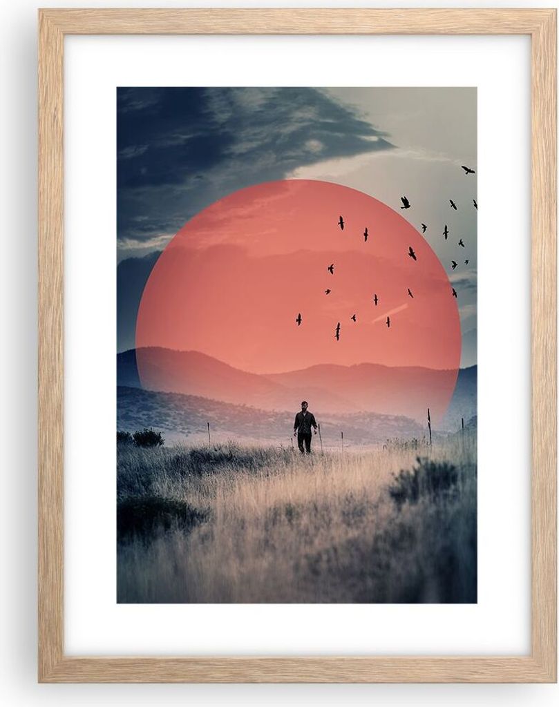 Gerahmtes Poster - Rahmen in heller Eiche - Westen Sonne Landschaft - 30x40 cm - Wand Bild - Wanddeko - Wandbilder - Kunstposter - Wandposter - Bil...