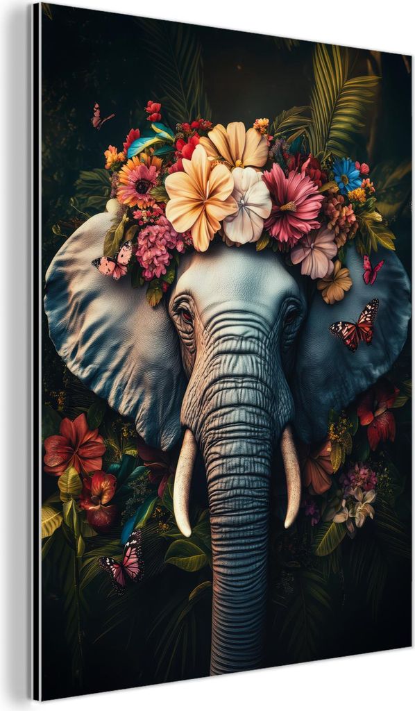 MuchoWow Wanddekoration Metall Metallbild Wandkunst 30x40 cm Elefant - Tiere - Blumen - Natur MuchoWow Aluminium Gemälde - Bilder