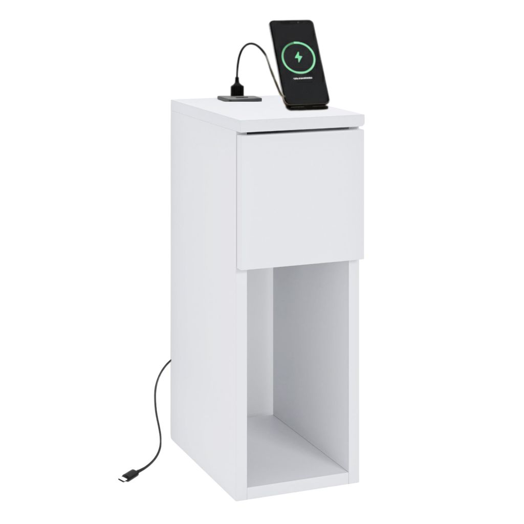 Nachttisch Beistelltisch schmal - Weiß matt - mit USB und USB C