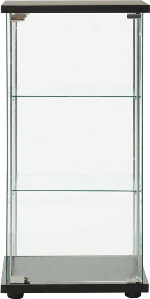 A tall, narrow glass display cabinet with black accents and three glass shelves.