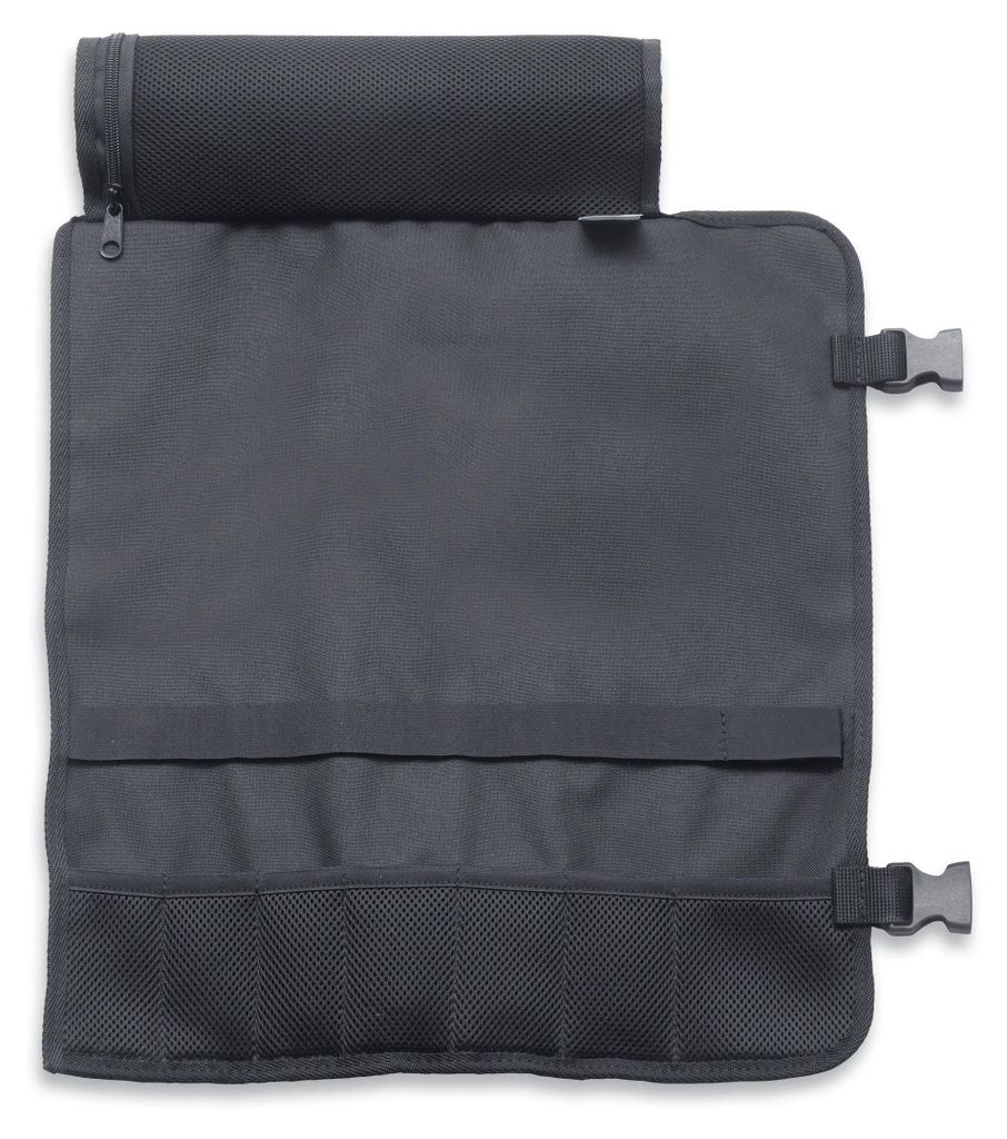 A dark gray fabric roll bag for kitchen knives, shown unrolled and open.