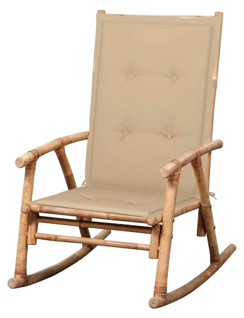 Schaukelstuhl aus Bambus mit beiger Polyesterauflage, klassischer Schaukelsessel für Garten und Terrasse, wetterfester Relaxsessel, Balkonsessel, ...