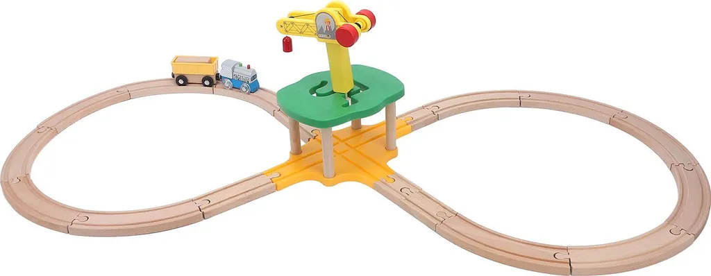 Pack extension circuit train bois avec rails courbes et grue de chantier