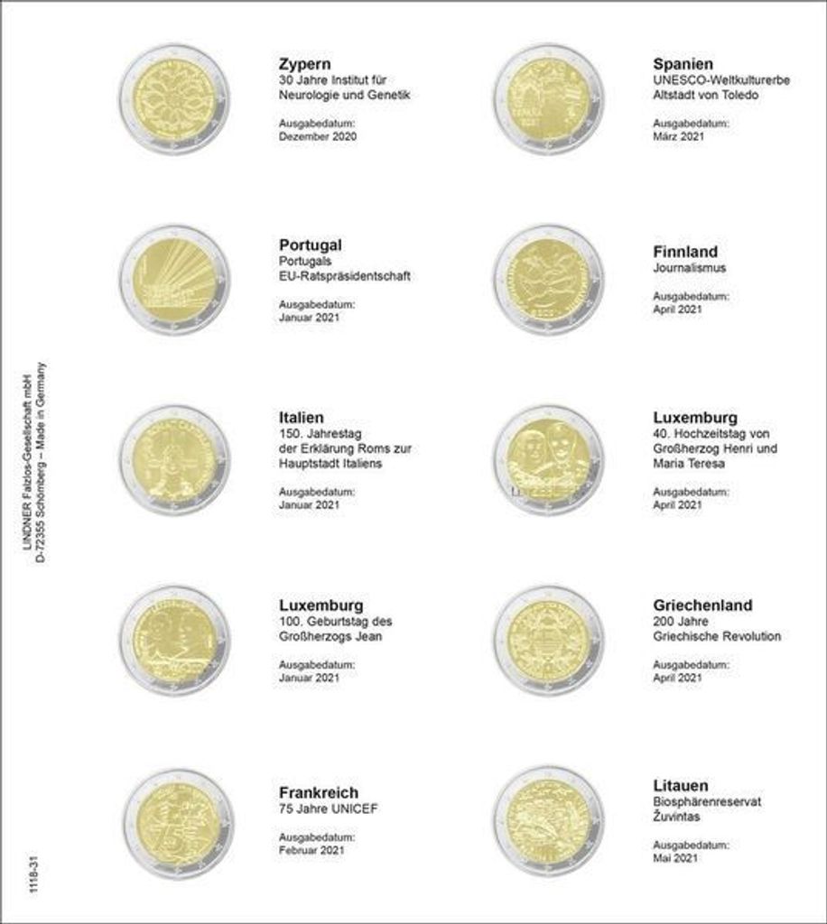 Lindner 1118-31 Vordruckblatt für 2 Euro-Gedenkmünzen: Zypern 2020 bis Litauen 2021