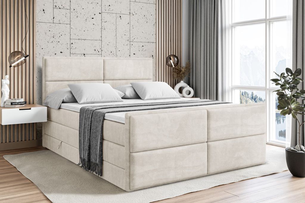 ALTDECOR Boxspringbett mit Fußteil, 2 Matratzen und Topper - 200x200 cm - AURA-Z KING - creme Samt - Polsterbett mit, H3- und H4- Matratzen, Bettk...