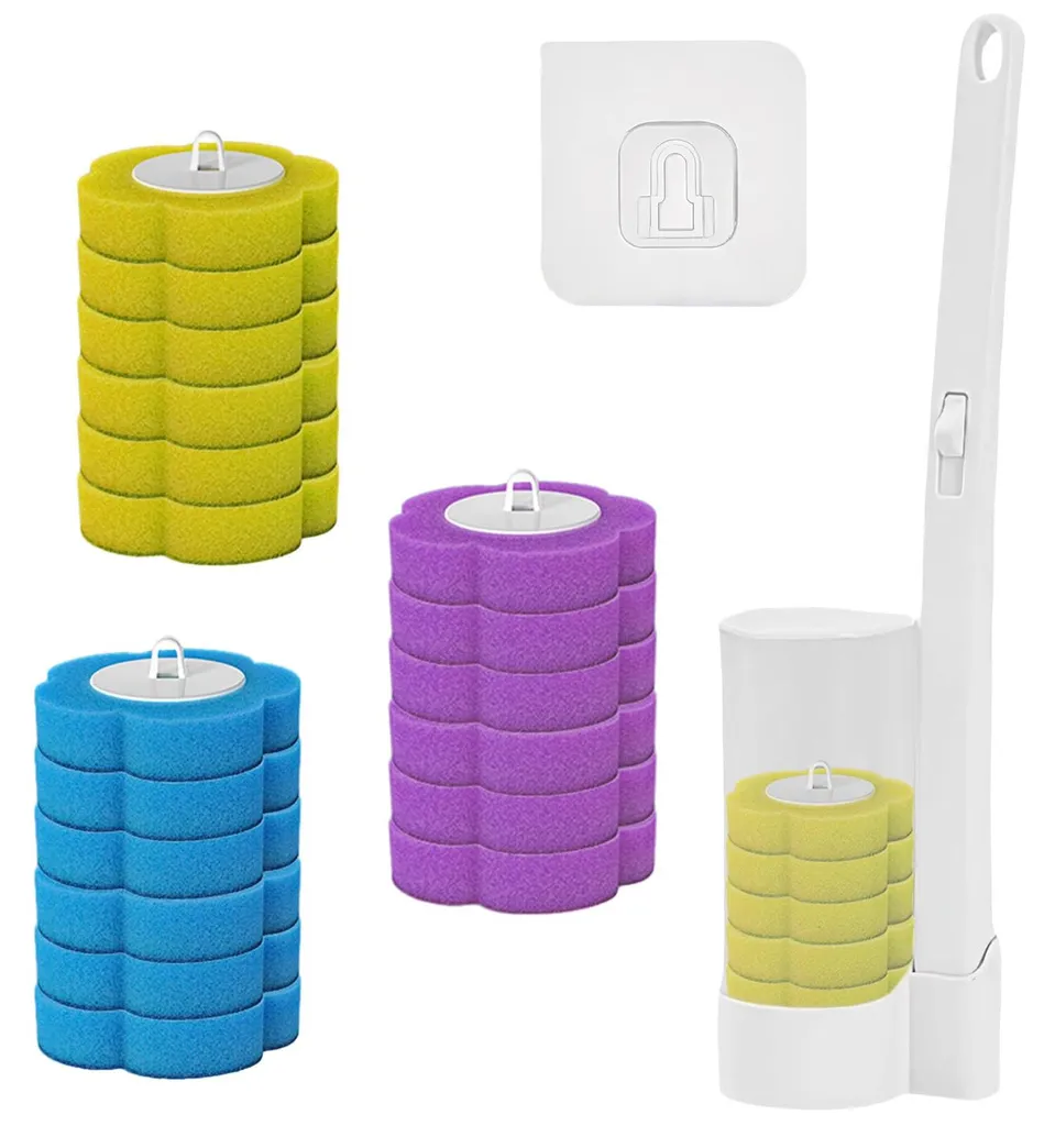 Brosse de WC murale compacte anti-recoins avec 18 têtes de brosse jetables