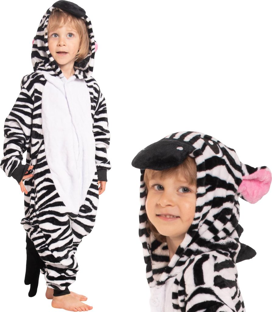 Nikcorp Jumpsuit Pyjama Damen Kinder Onesie Zebra Schwarz-Weiß 125-135