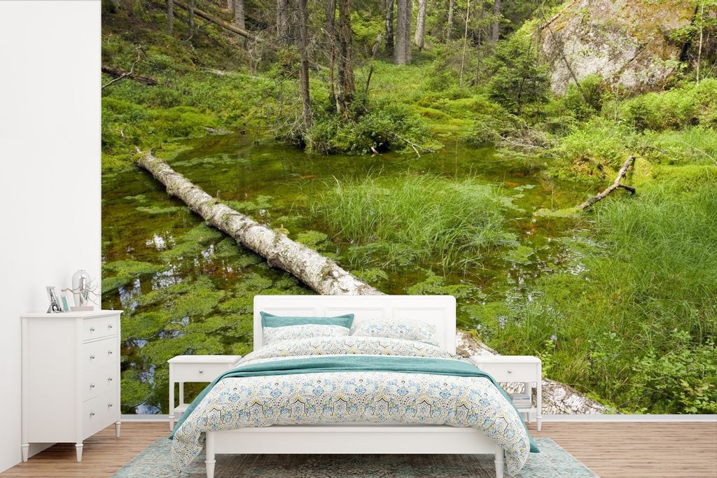 MuchoWow Fototapete für Wohnzimmer oder Schlafzimmer Wandtapete Vinyl Motivtapete Teich in den Wäldern des Tiveden-Nationalparks in Schweden - ...