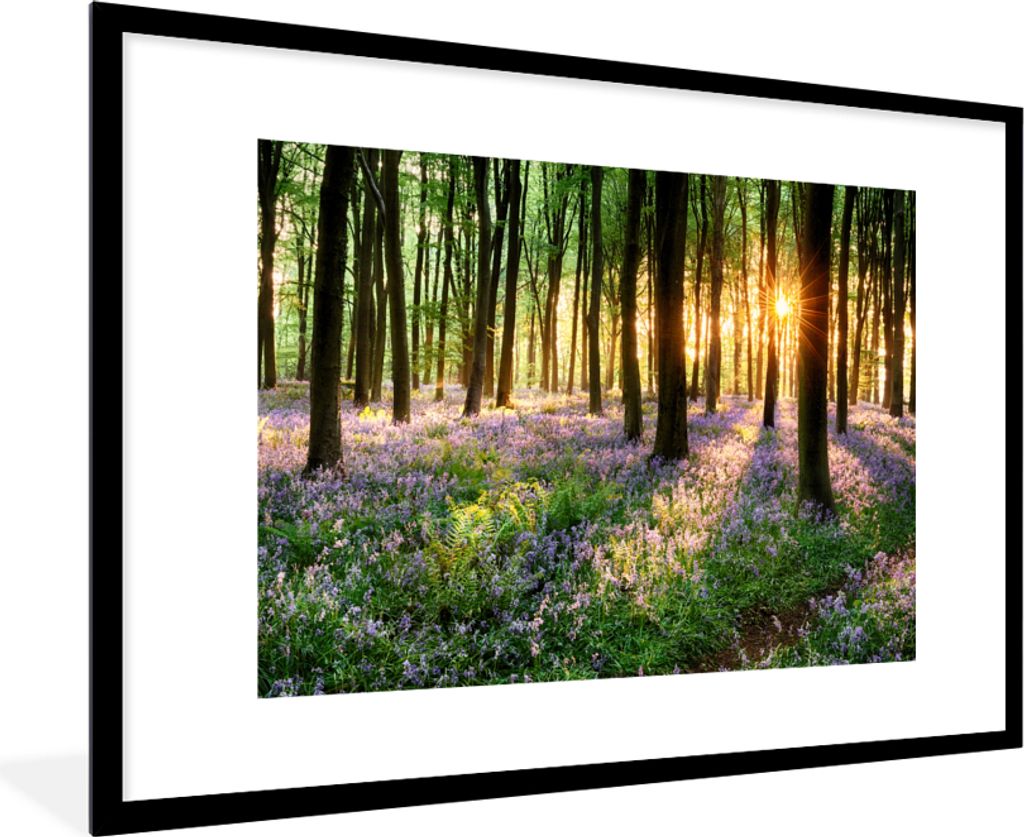 MuchoWow Gerahmtes Poster Wald - Blumen - Lavendel - Sonne - Lila - Natur 90x60 cm - Poster mit Schwarzem Bilderrahmen Wandposter Rahmen Foto Bil...