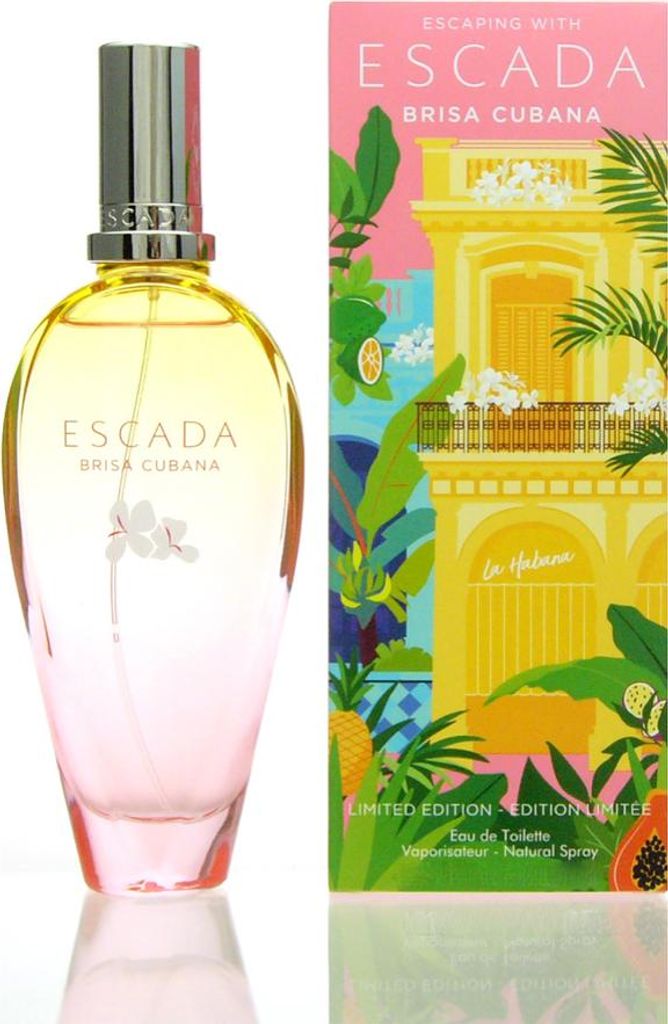 A bottle of Escada Brisa Cubana perfume and its packaging are displayed against a white background.
