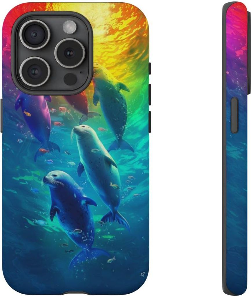 Bunte Seehunde unter lebendigem Licht – Hülle Kompatibel mit iPhone 15 Pro
