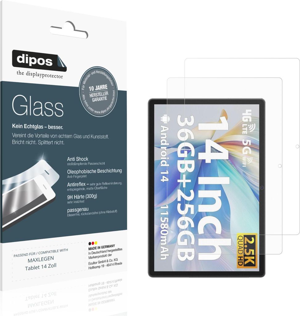2x Schutzfolie für MAXLEGEN Tablet 14 Zoll matt - Anti-Shock 9H Folie dipos Glass Kunststoffglas
