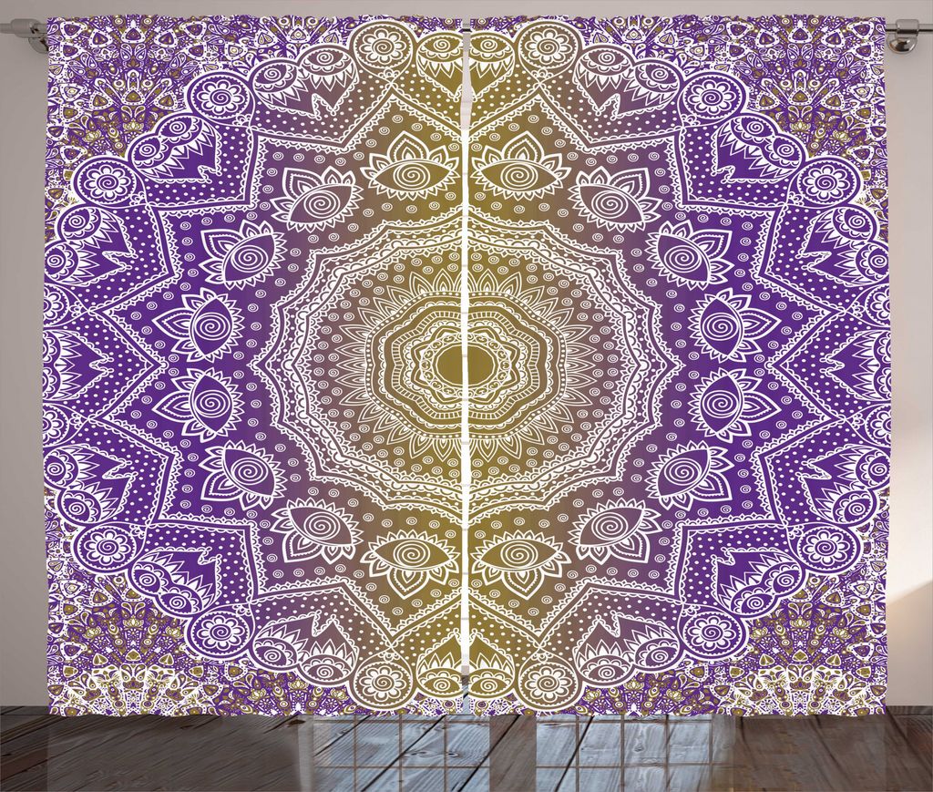 ABAKUHAUS Gelb und Lila Rustikaler Vorhang, Schatten-Mandala, Wohnzimmer Universalband Gardinen mit Schlaufen und Haken, 280 x 225 cm, Violett