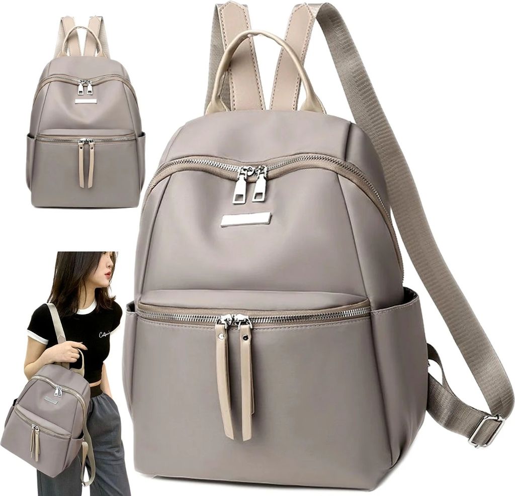 A woman is holding a gray backpack, with a larger image of the same backpack next to her.