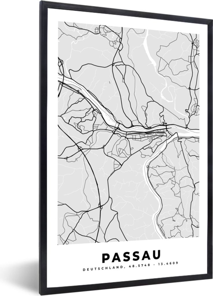 MuchoWow Gerahmtes Poster Passau - Stadtplan - Deutschland - Karte 40x60 cm - Poster mit Schwarzem Bilderrahmen Wandposter Rahmen Foto Bilder - P...