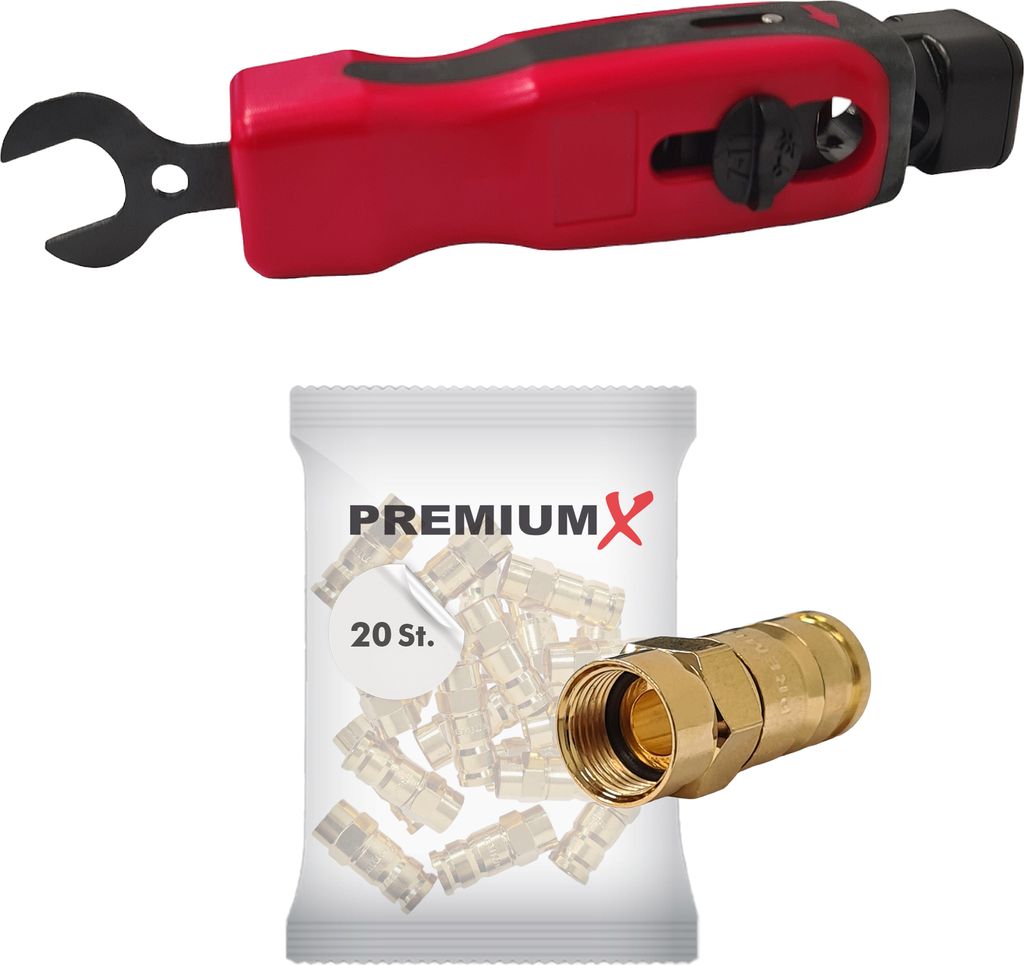 PremiumX XCon CS-200 2-Stufen Abisolierer für RG59/6, RG7/11 mit F-Stecker Schlüssel + 20x PremiumX Kompressionsstecker XCon G6 F-Kompressionsste...