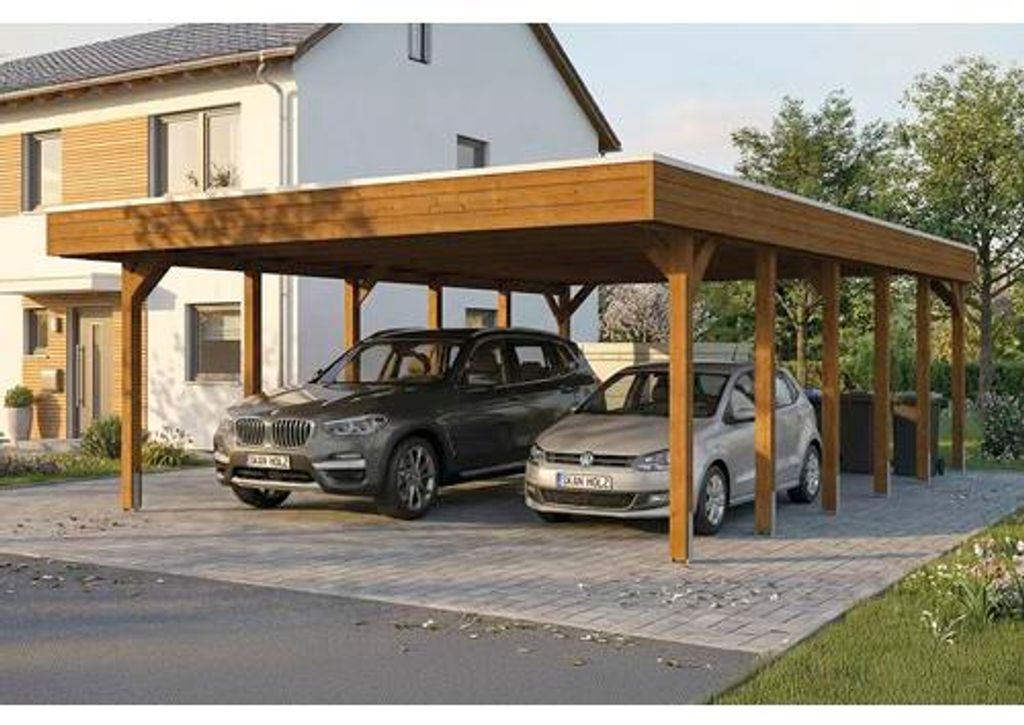 Doppelcarport SKAN HOLZ Friesland inkl. Pfostenanker, EPDM Folie 546 x 860 cm nussbaum