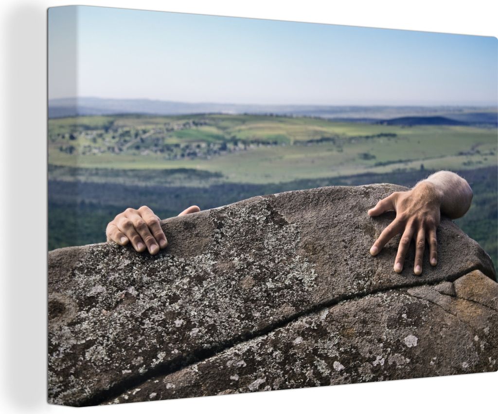 OneMillionCanvasses - Leinwandbilder - 140x90 cm, Bergsteiger erreicht mit Mühe den Gipfel, Wandbilder Kunstdruck Wanddekoration
