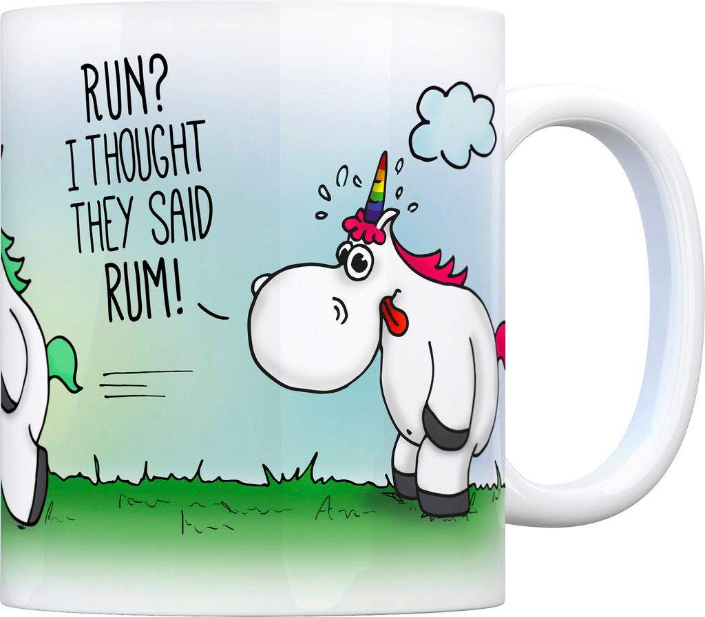 Honeycorns Kaffeebecher mit Einhorn Motiv und Spruch: RUN? I thought they said