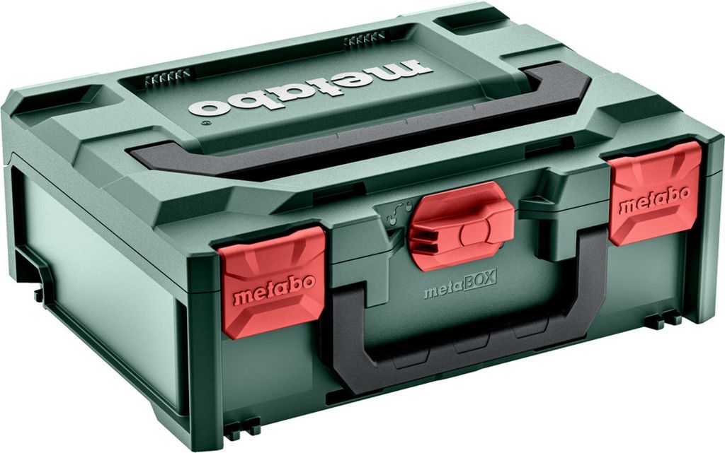 A green and red storage box with the Metabo logo.