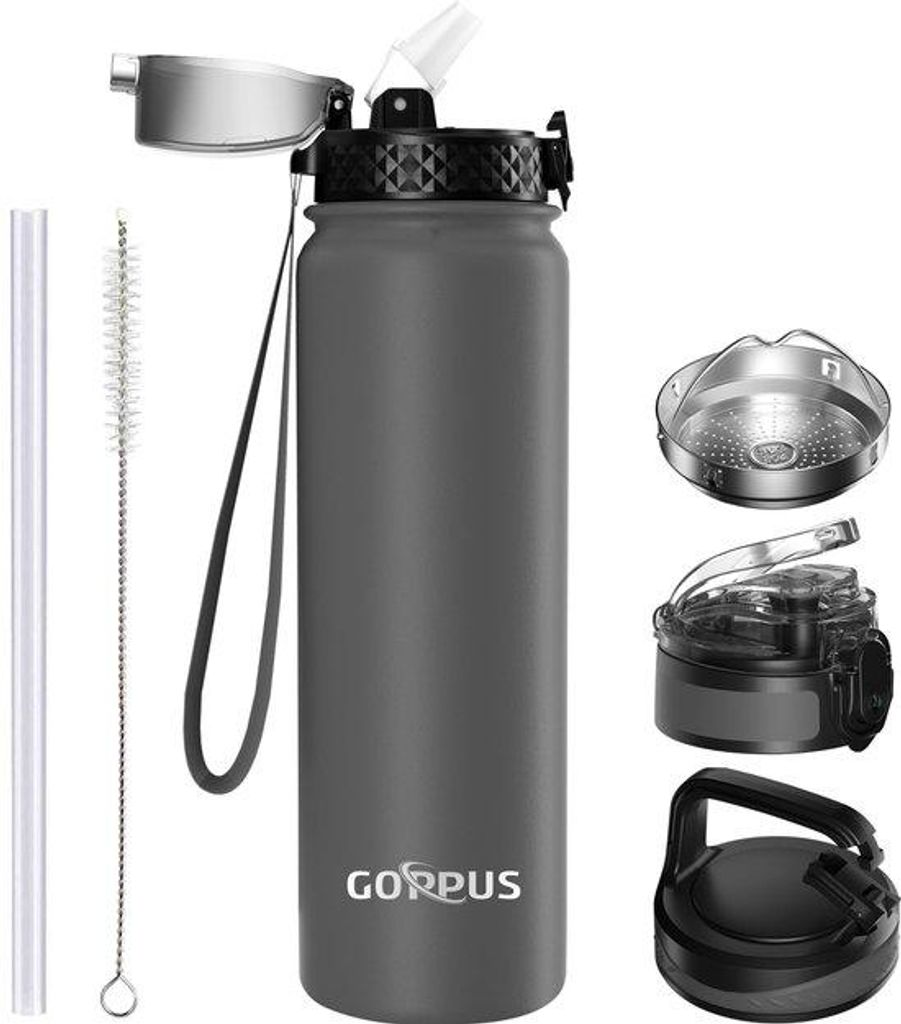 Isolerter Metallwasserflasche mit Griffe, 1 Liter isolierte Flasche, leckfreie Sportwasserflasche, kohlensäurehaltige Wasserflasche, BPA-freie Was...